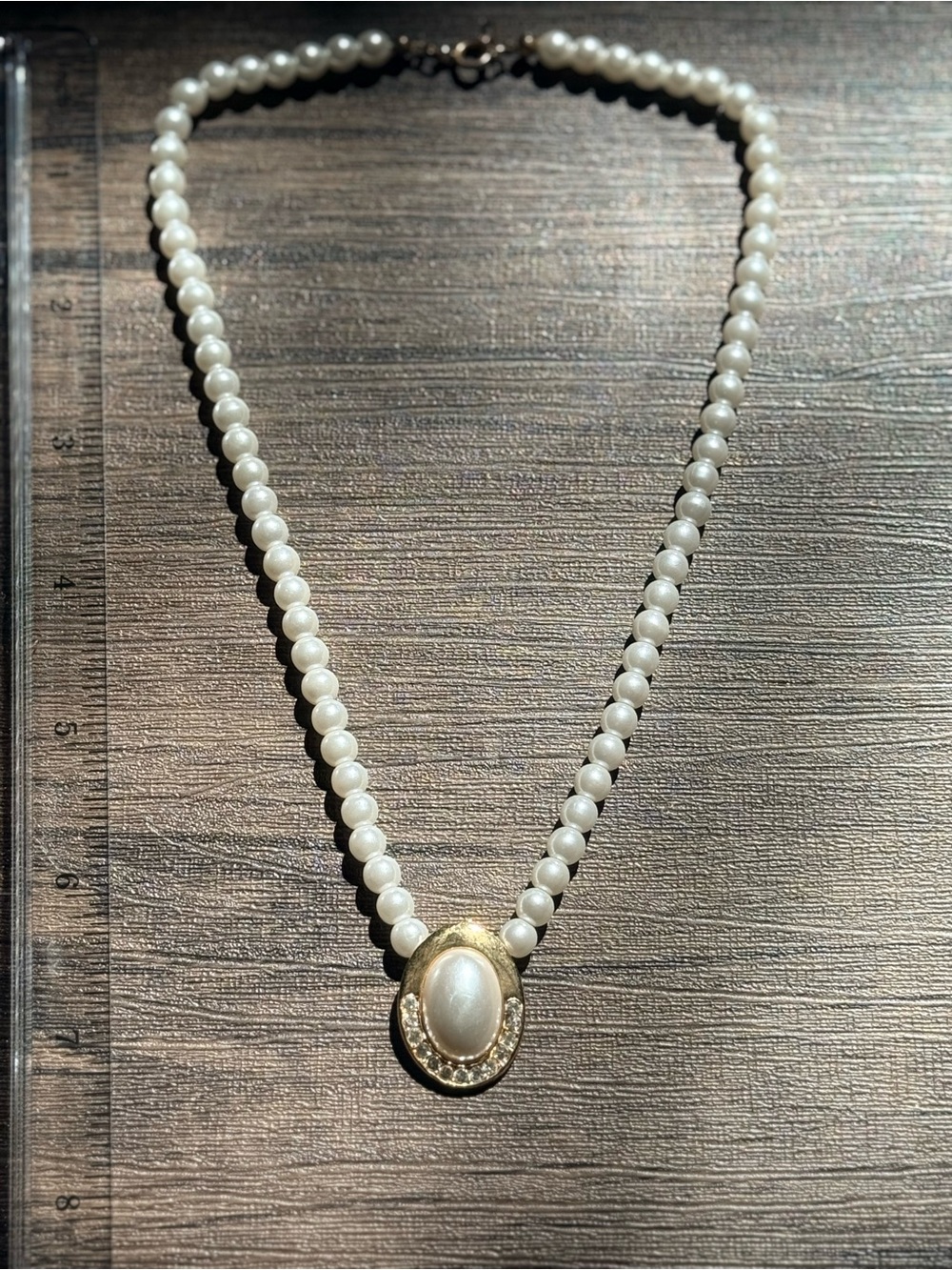 Vintage Pearl Necklace with Diamond Accented Pearl in Gold Tone Pendant
